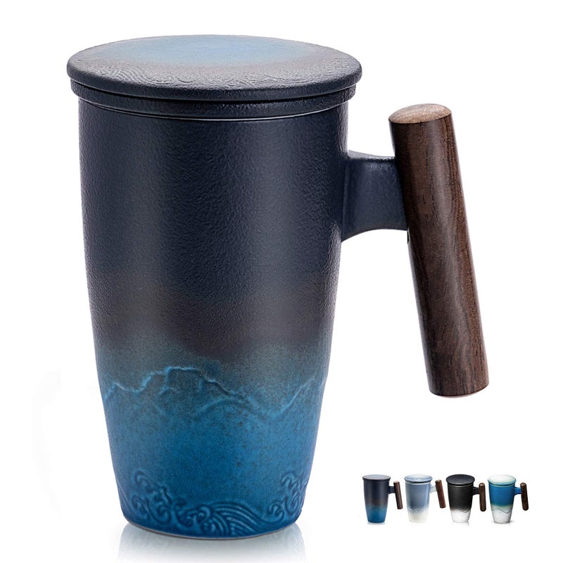 suyika Tomotime Ceramic Tea Cup with Infuser and Lid Tea Mugs Wooden Handle 400ml/13.5oz Black cyan - Image 1